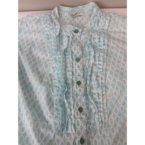 Coastal Charter Club Blue Print Ruffle Button Up Shirt Twee Romantic Size 10P - Picture 7 of 13